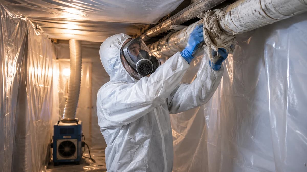 Licensed asbestos abatement worker in a hazmat suit removing insulation inside a sealed containment zone