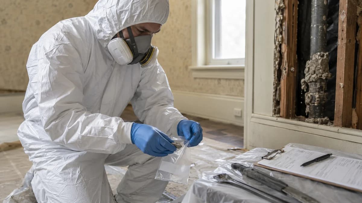 Inspector collecting an asbestos sample from suspect material in an older home before renovation