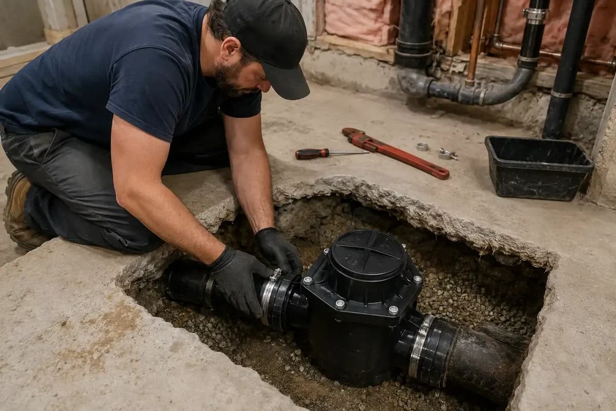 Plumber installing a backwater valve in an open excavation in a basement floor to prevent sewer backup