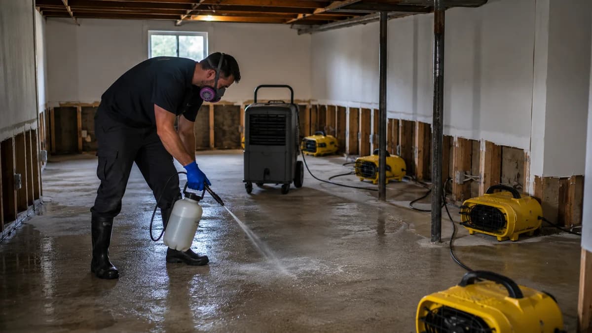 Technician sanitizing a basement floor while air movers and a dehumidifier dry the space