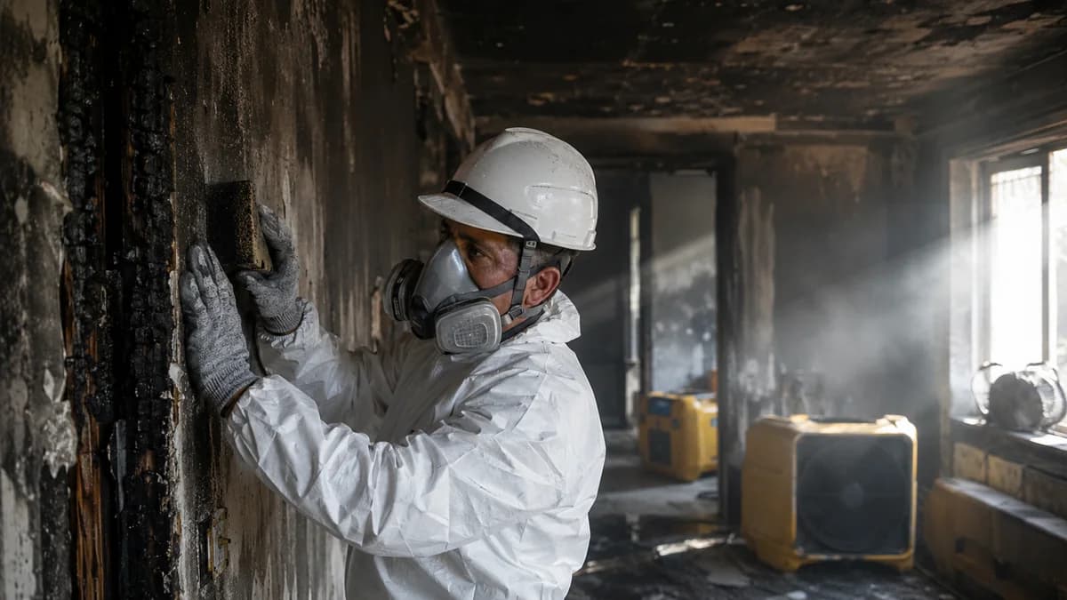 Restoration technician cleaning soot from a wall inside a fire-damaged home