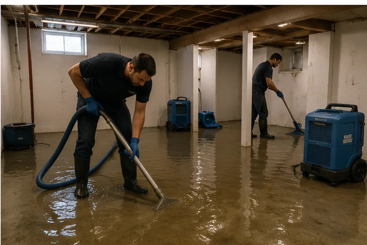 Two restoration technicians extracting standing water from a flooded basement with drying equipment running