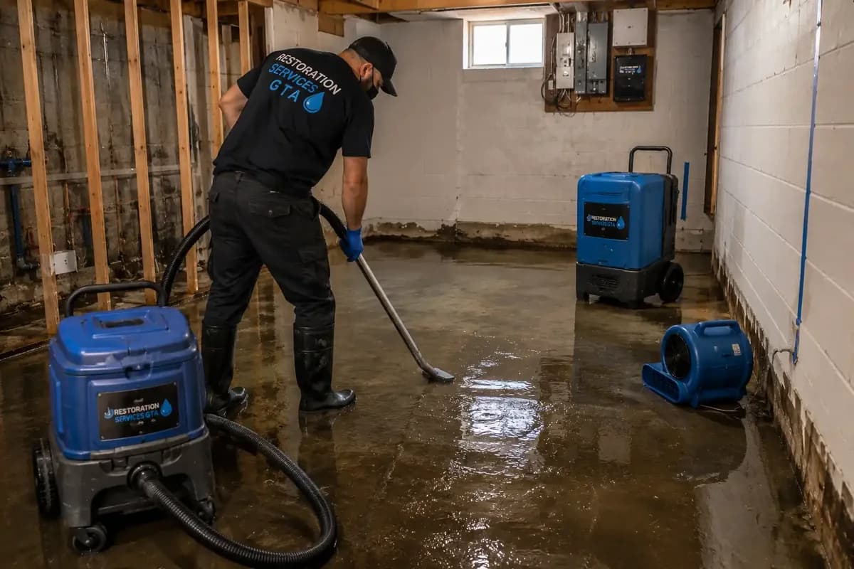 Restoration Services GTA technician extracting standing water from a flooded Vaughan basement with a dehumidifier and air mover running