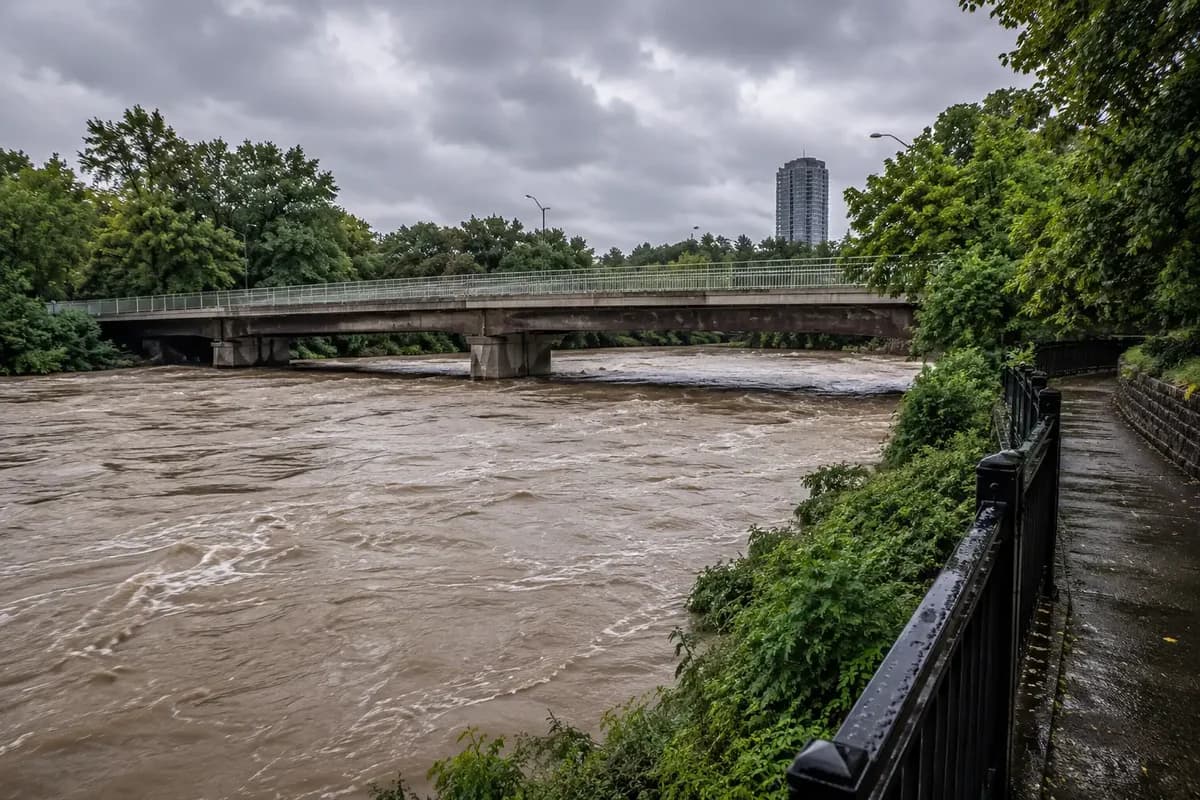 The Humber River running high and muddy against a bridge pier under storm cloud after heavy rainfall