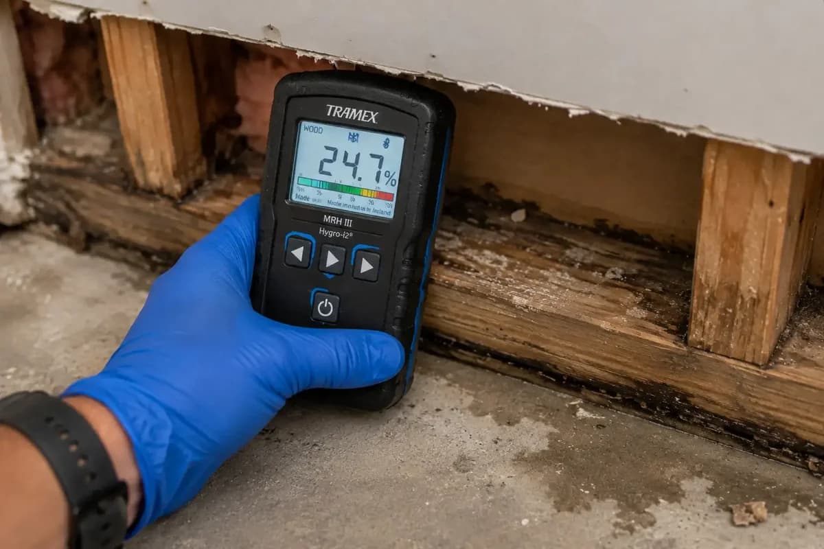 Gloved technician taking an elevated 24.7 per cent moisture reading on a water-damaged bottom plate showing mould growth