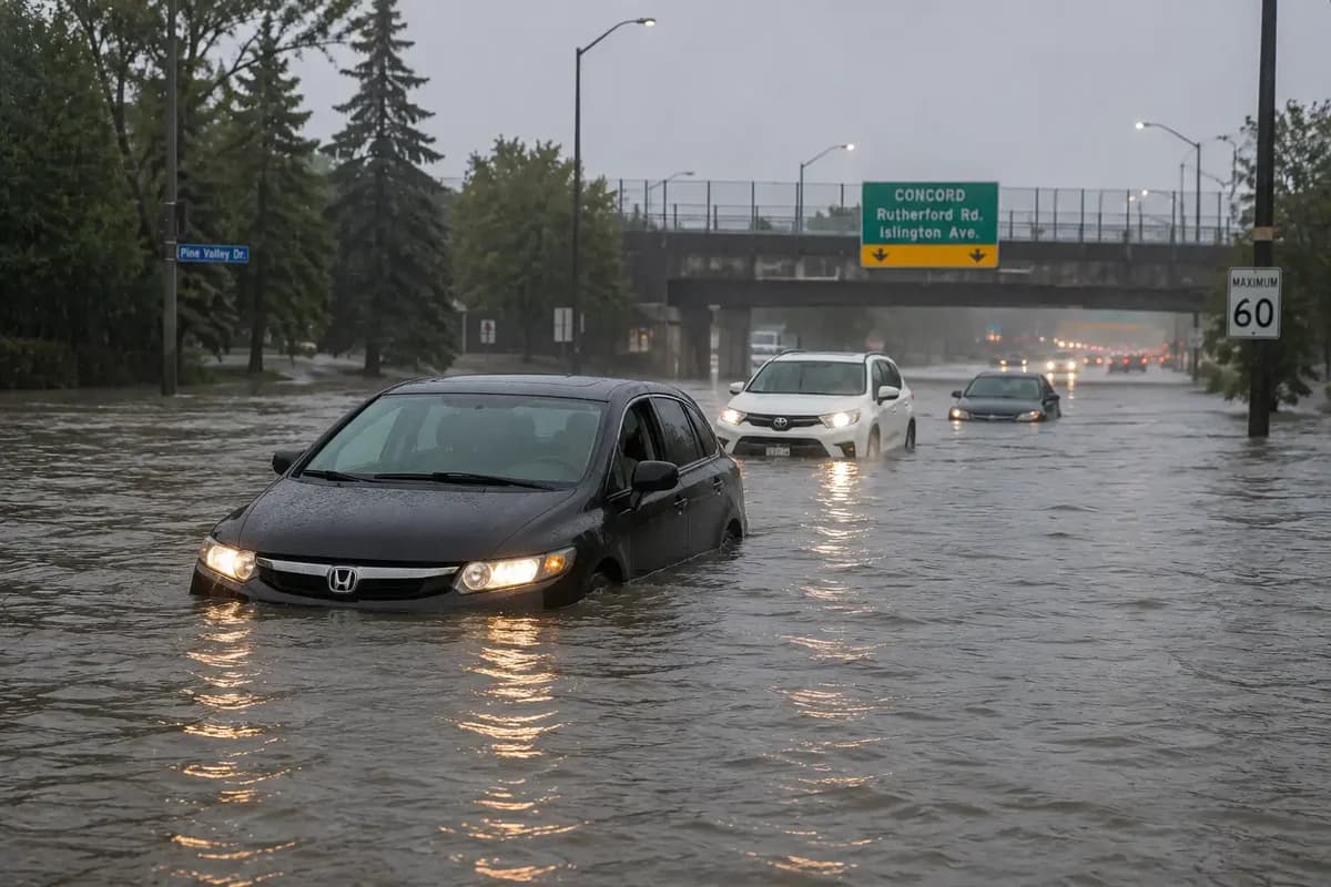 Cars stranded to their headlights in floodwater on a Vaughan road near Pine Valley Drive during the September 2026 storm