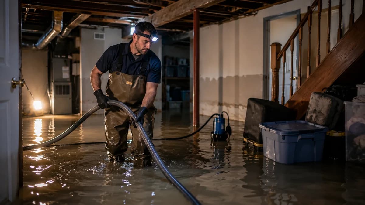 Restoration technician wading into a flooded residential basement to begin water extraction