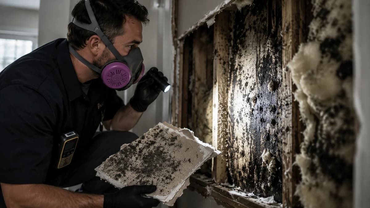 Hidden black mould revealed behind removed drywall in a home wall cavity