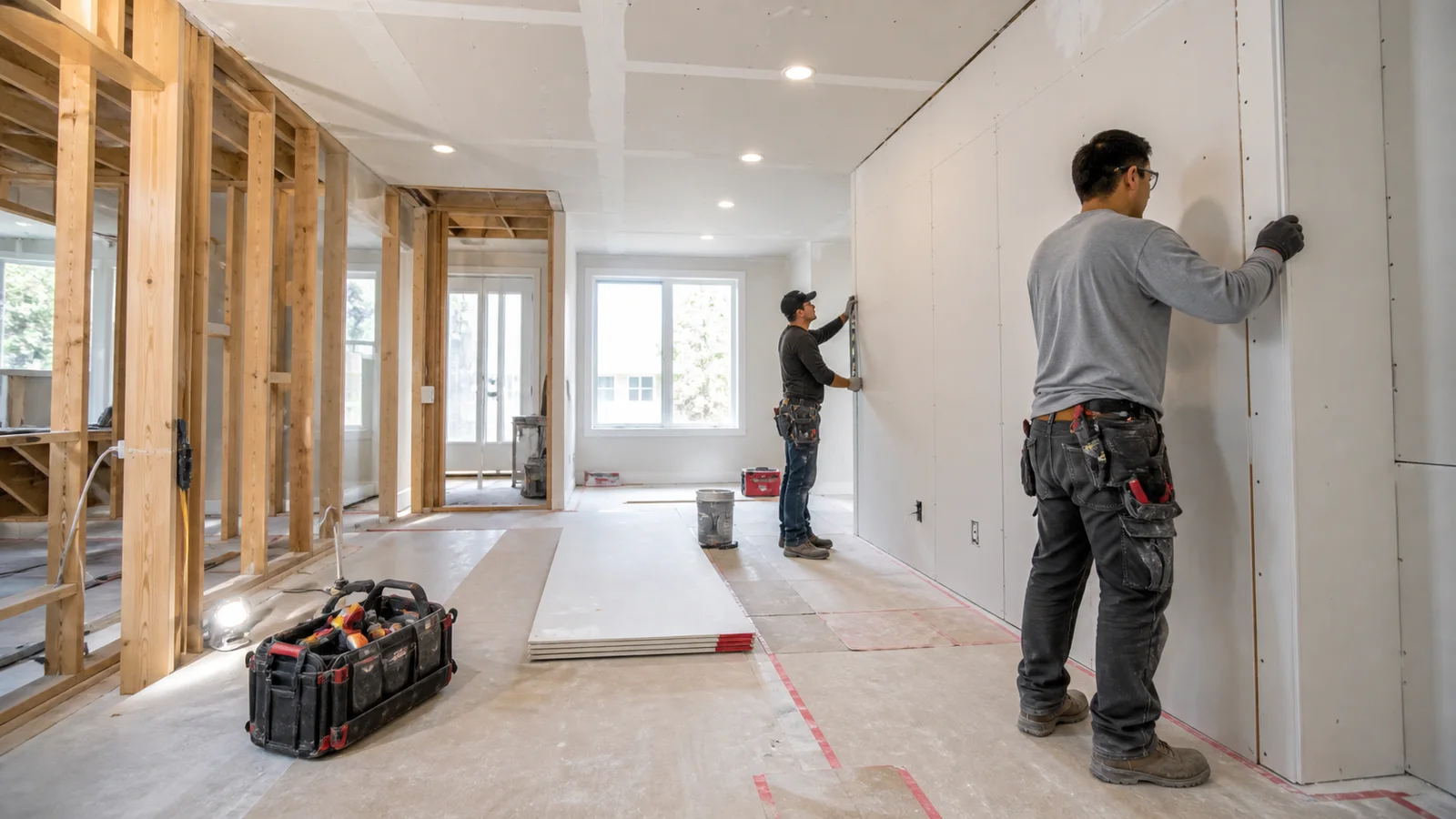 Reconstruction crew installing drywall while rebuilding a Toronto home after restoration