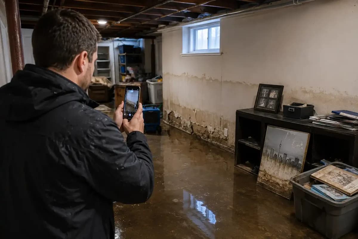 Homeowner photographing a flooded basement and the water line on the wall to document an insurance claim