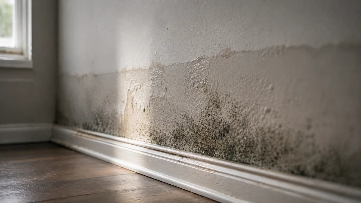 Early-stage mould beginning to grow on a damp, water-stained wall in a GTA home