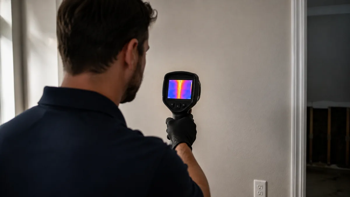 Technician using a thermal imaging camera to find hidden moisture behind a wall after water damage