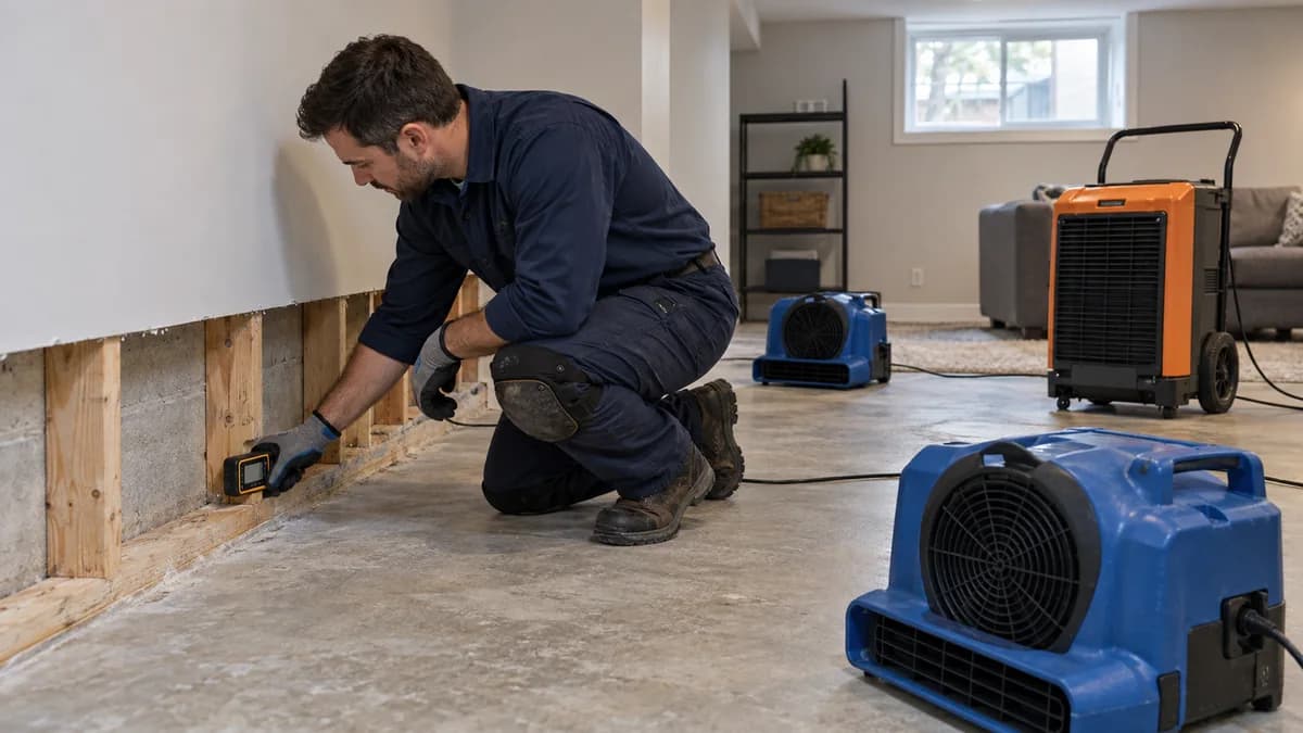 Technician checking exposed basement framing with a moisture meter beside air movers and a dehumidifier