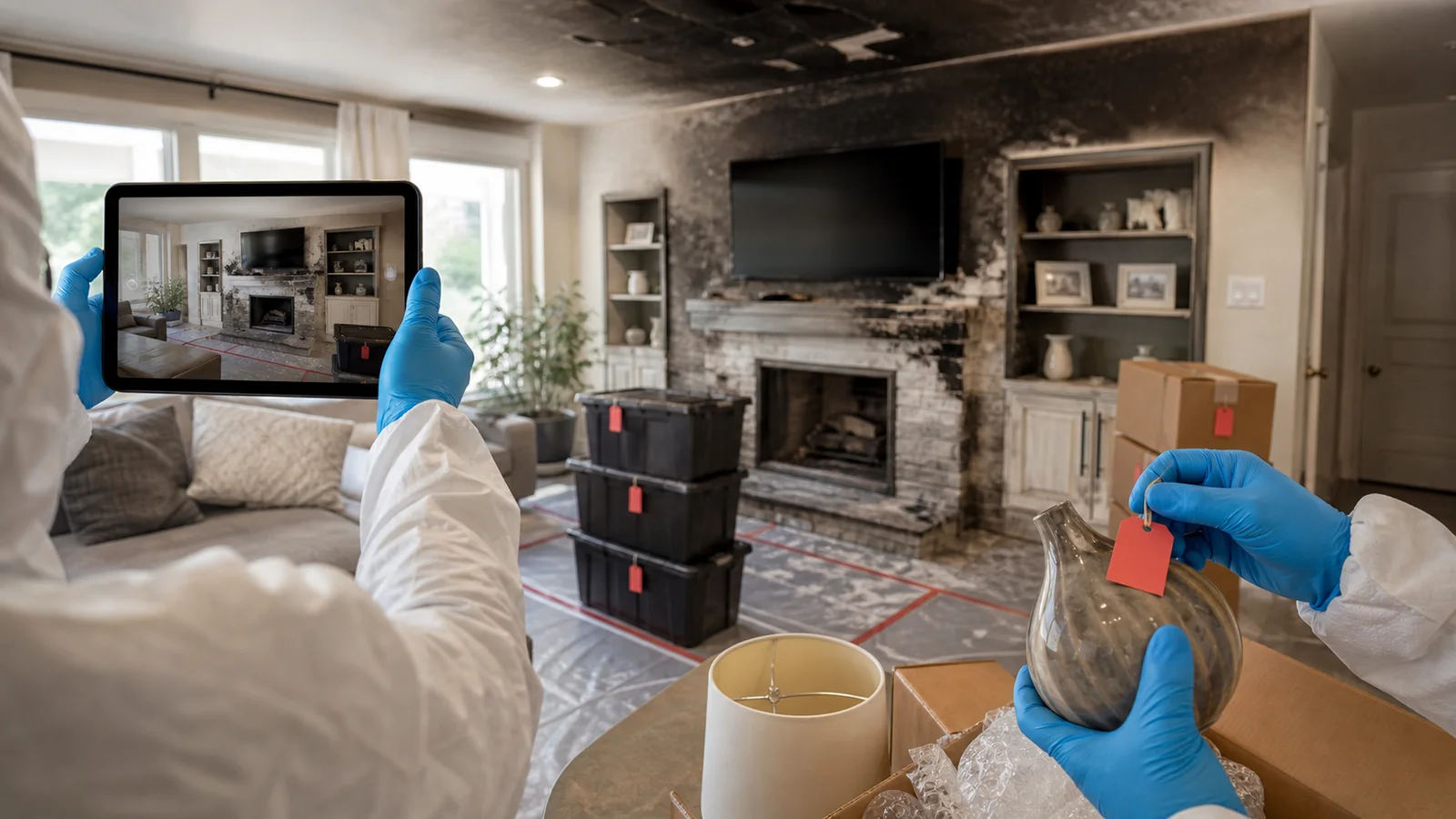 Restoration crew photographing fire damage and tagging contents for an insurance claim