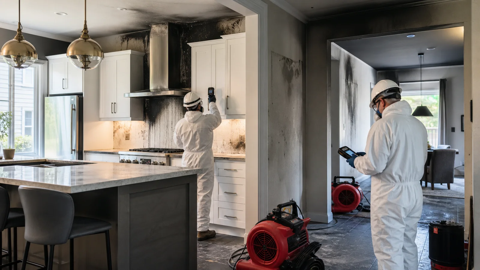 Restoration technicians assessing soot damage in a Toronto kitchen after a contained fire