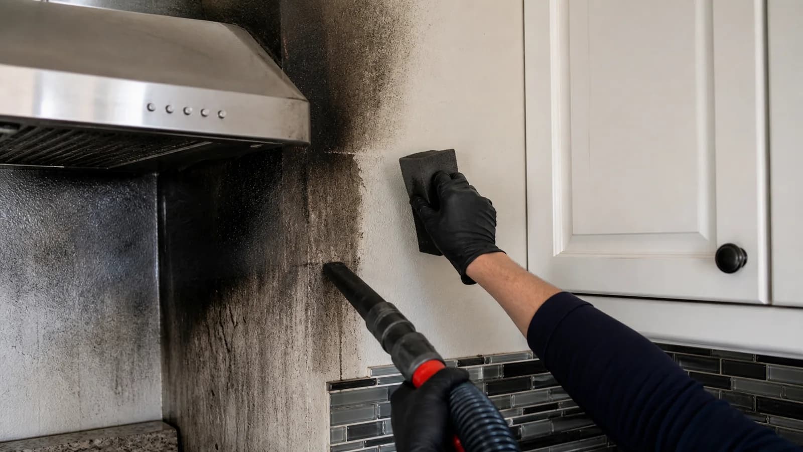 Gloved technician cleaning soot from a kitchen wall during smoke and soot damage repair
