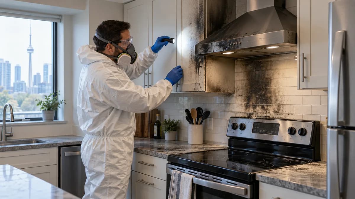 Technician wearing protective equipment inspecting soot-stained kitchen cabinets and a range hood after a fire