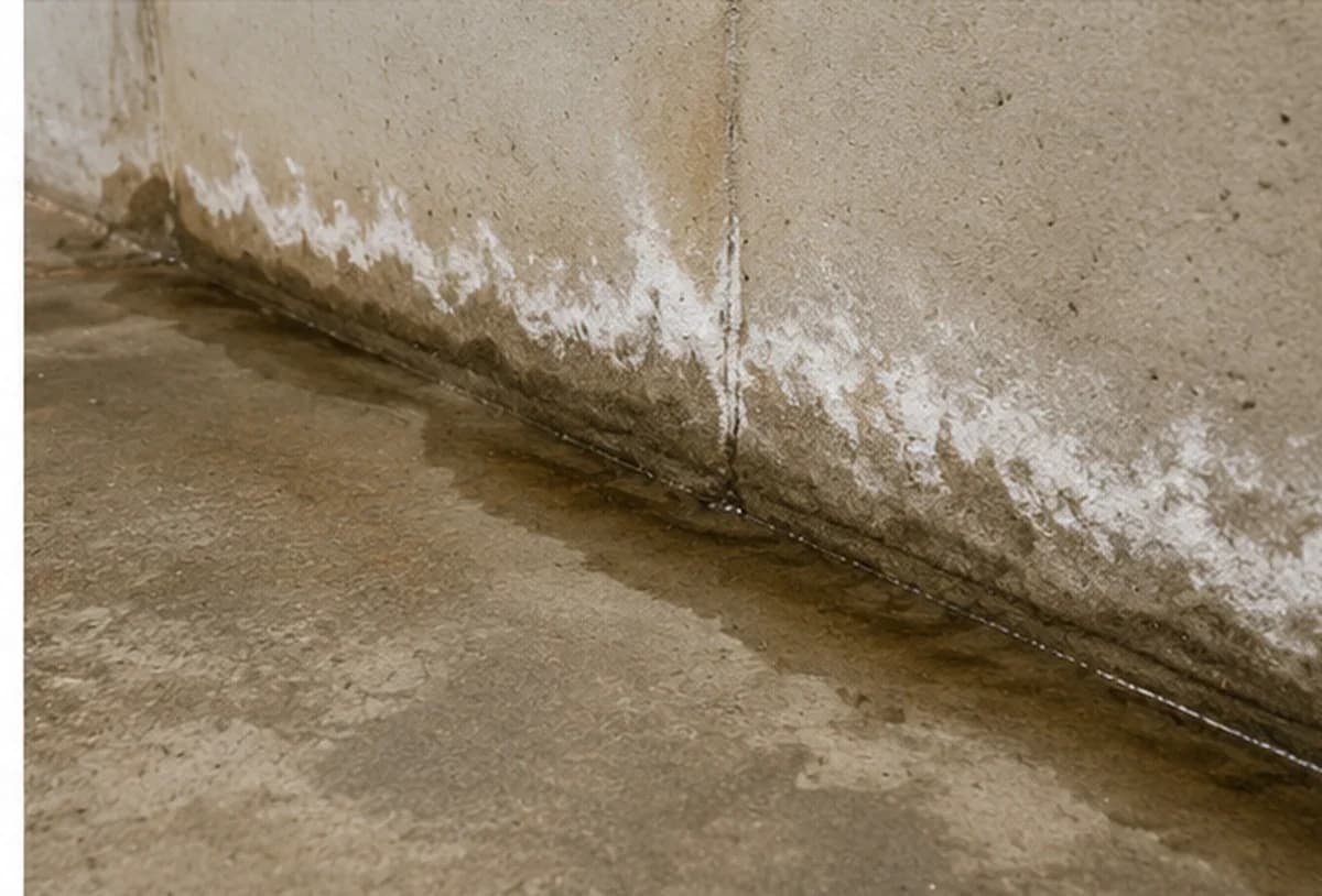 Efflorescence and damp staining where a basement wall meets the floor slab from groundwater seepage