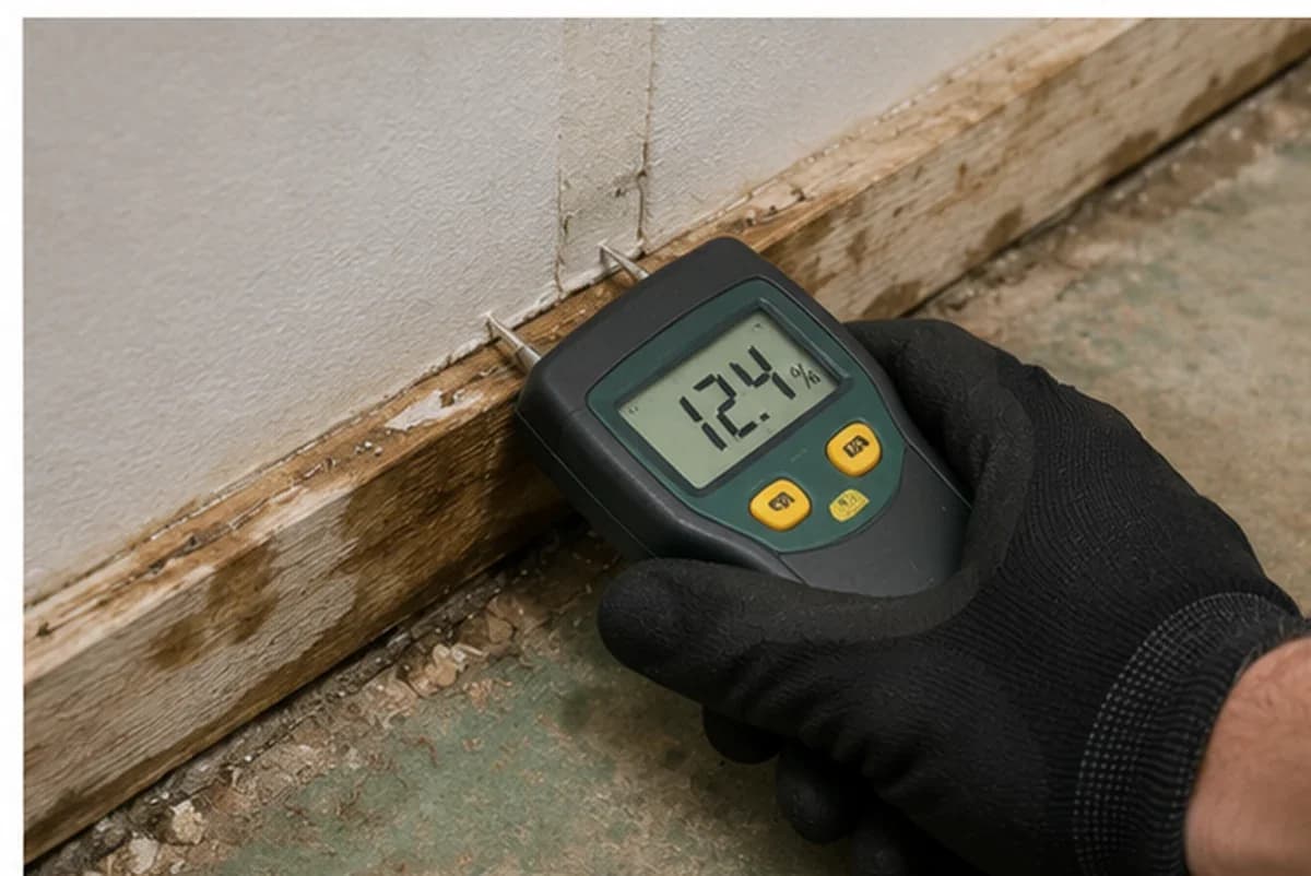 Technician taking a 12.4 per cent moisture reading with a pin meter on a water-damaged wall base