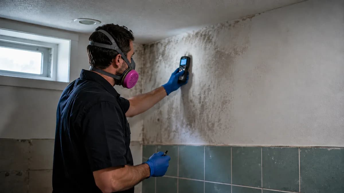 Technician taking an indoor air-quality sample during a home mould inspection