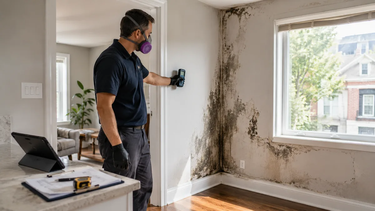Technician taking an indoor air-quality reading during a Toronto mould inspection to assess removal cost