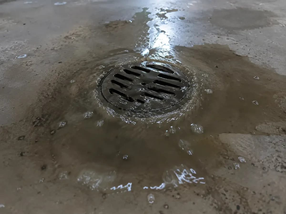 Contaminated water backing up through a basement floor drain during a sewer surcharge