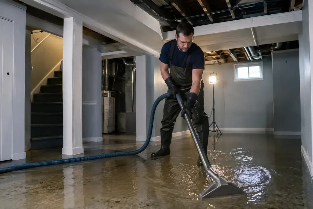 Restoration technician in waders extracting standing water from a flooded basement with an extraction wand