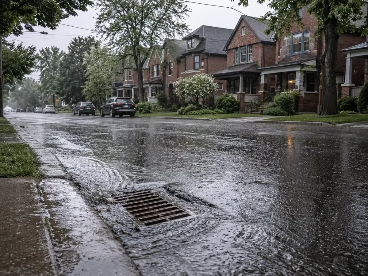 Heavy rain flooding the curb and catch basin on a street of older brick Toronto homes