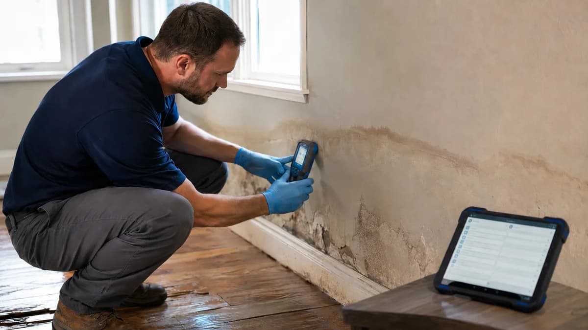 Restoration specialist taking a moisture reading on a damp wall to assess water damage