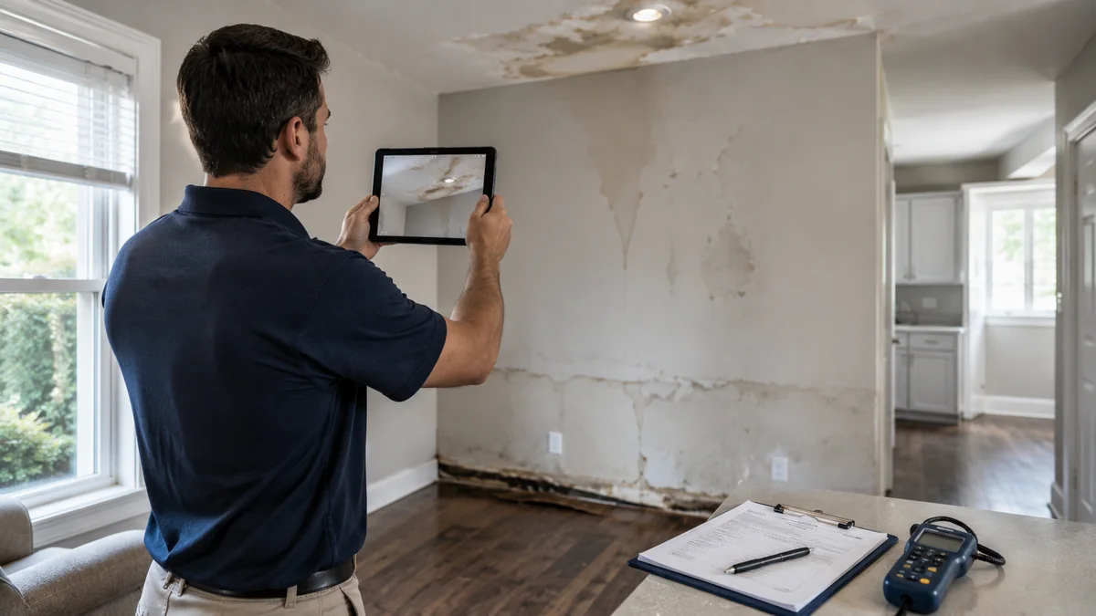 Restoration specialist photographing water damage on a tablet to document an insurance claim