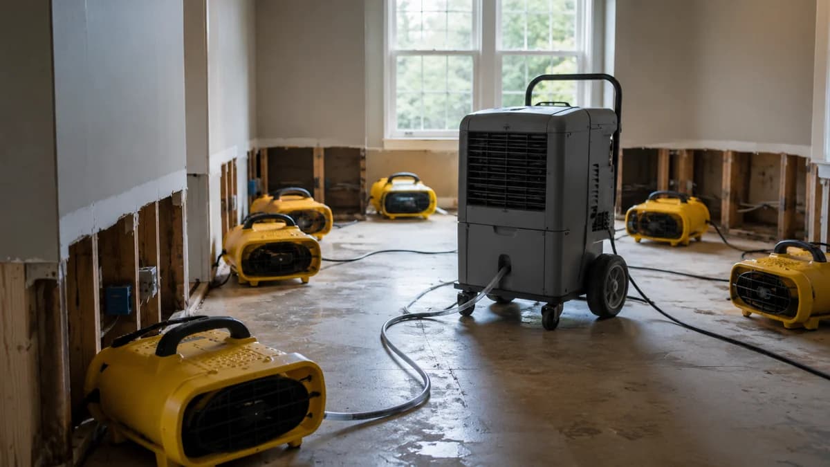 Commercial air movers and an LGR dehumidifier drying a room after water damage