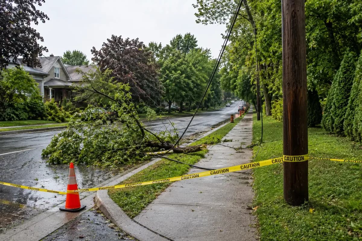 Downed power line and fallen tree limb cordoned off with caution tape and a traffic cone on a residential street