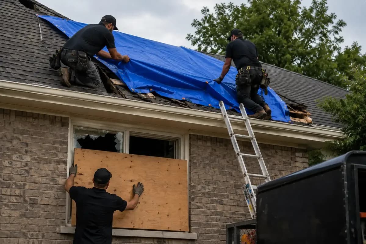Restoration crew tarping a storm-damaged roof while a technician boards up a broken window below