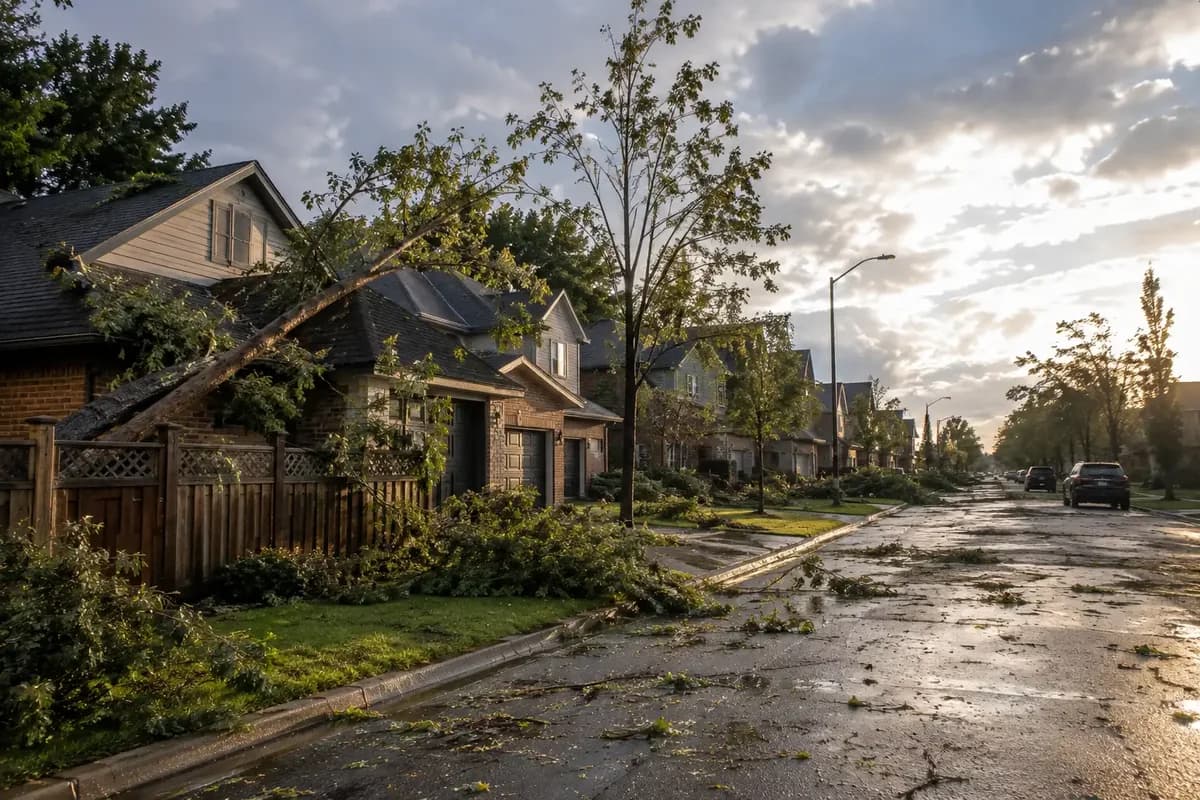Fallen tree resting against a GTA home with branches and debris covering the street after a severe storm