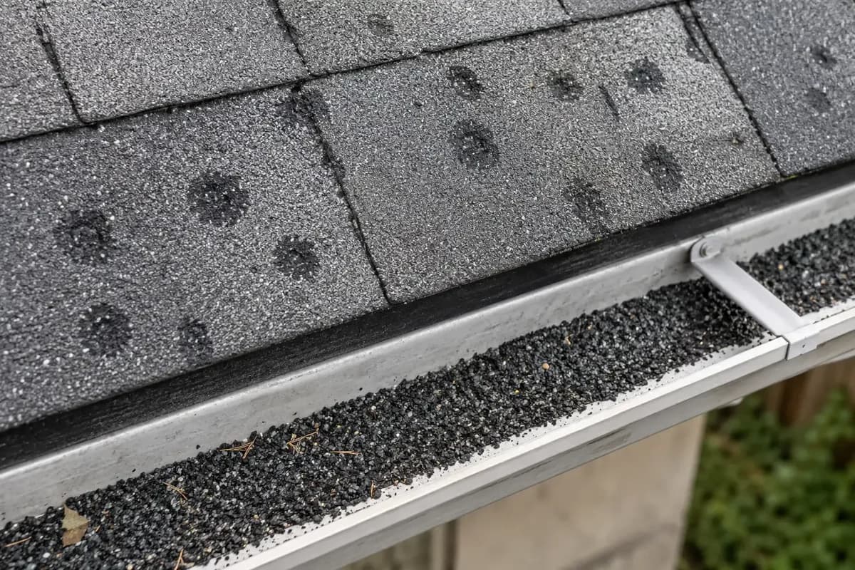 Hail impact bruising across asphalt shingles with washed-off granules collected in the eavestrough below