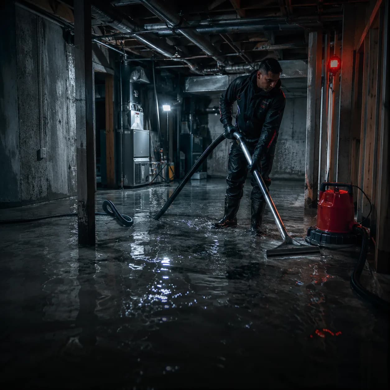 Technician extracting water from a flooded basement in the GTA