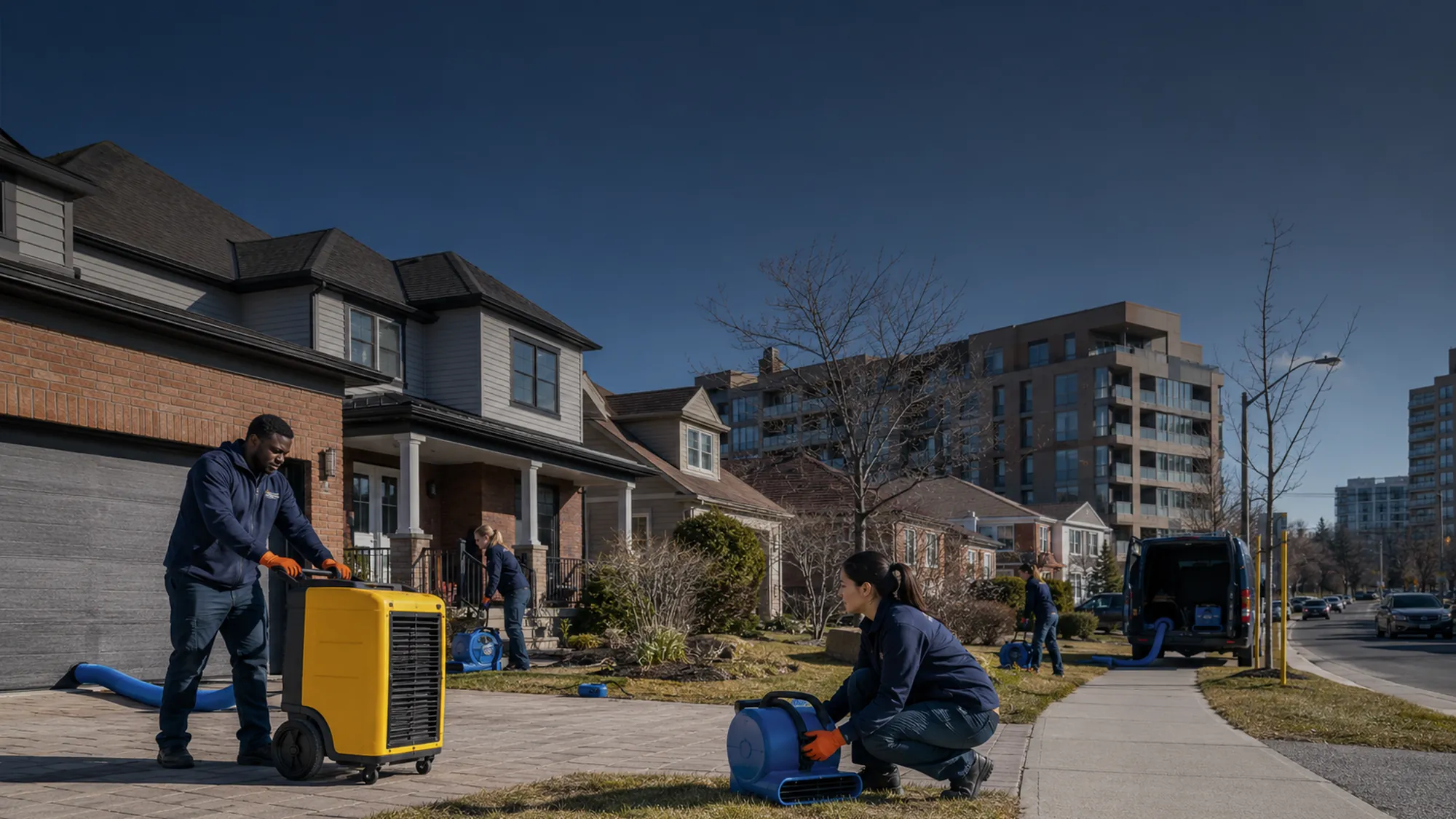 Restoration technicians and equipment at an Etobicoke, Ontario home