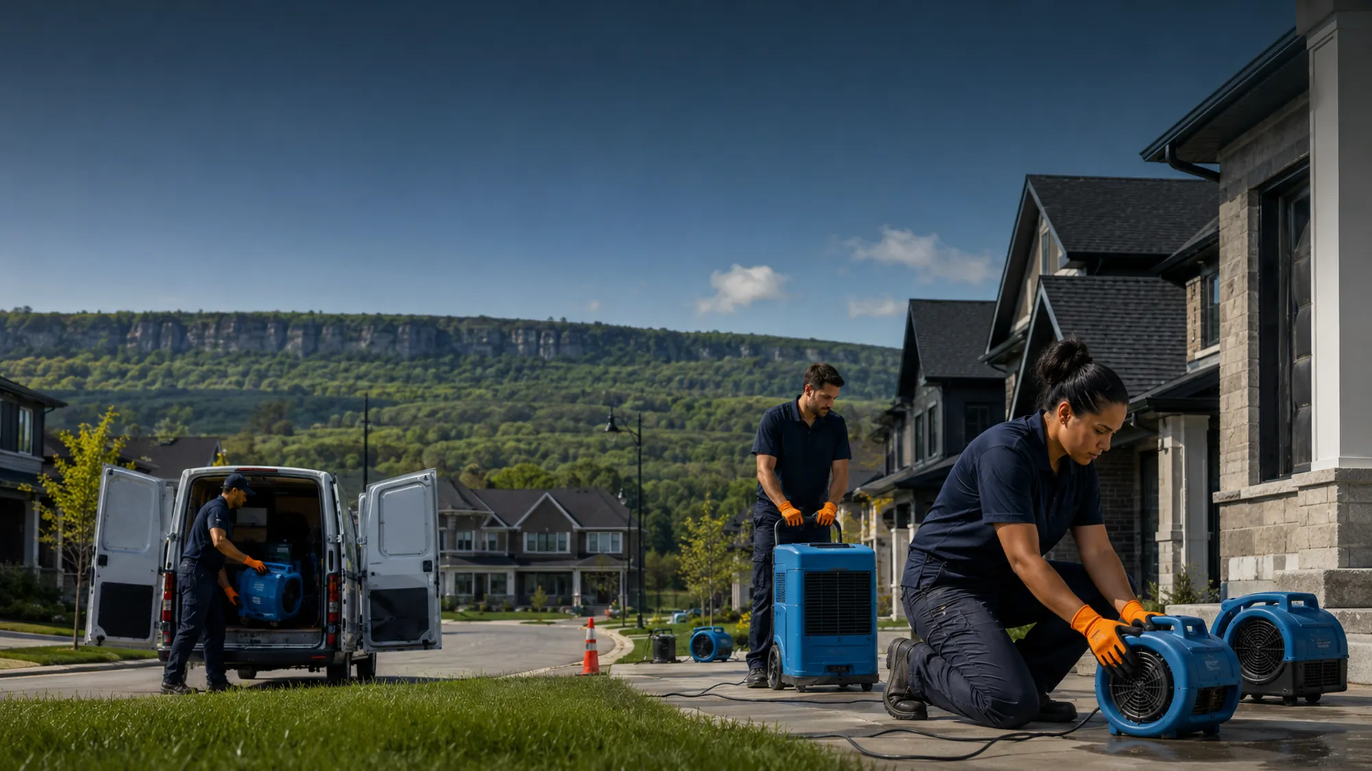 Restoration technicians and equipment at a new subdivision home in Milton, Ontario