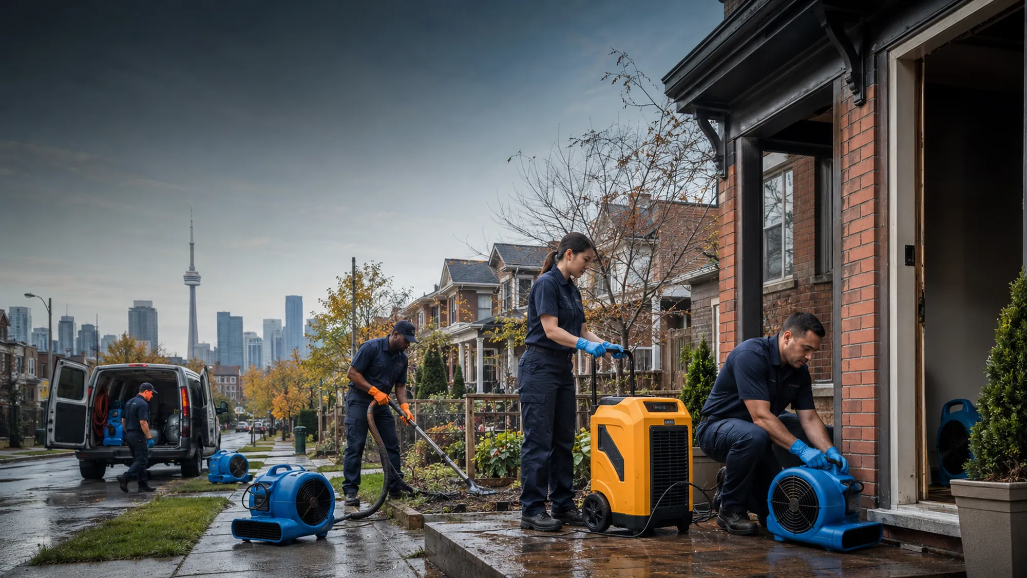 Restoration technicians responding to property damage at a North York, Ontario home