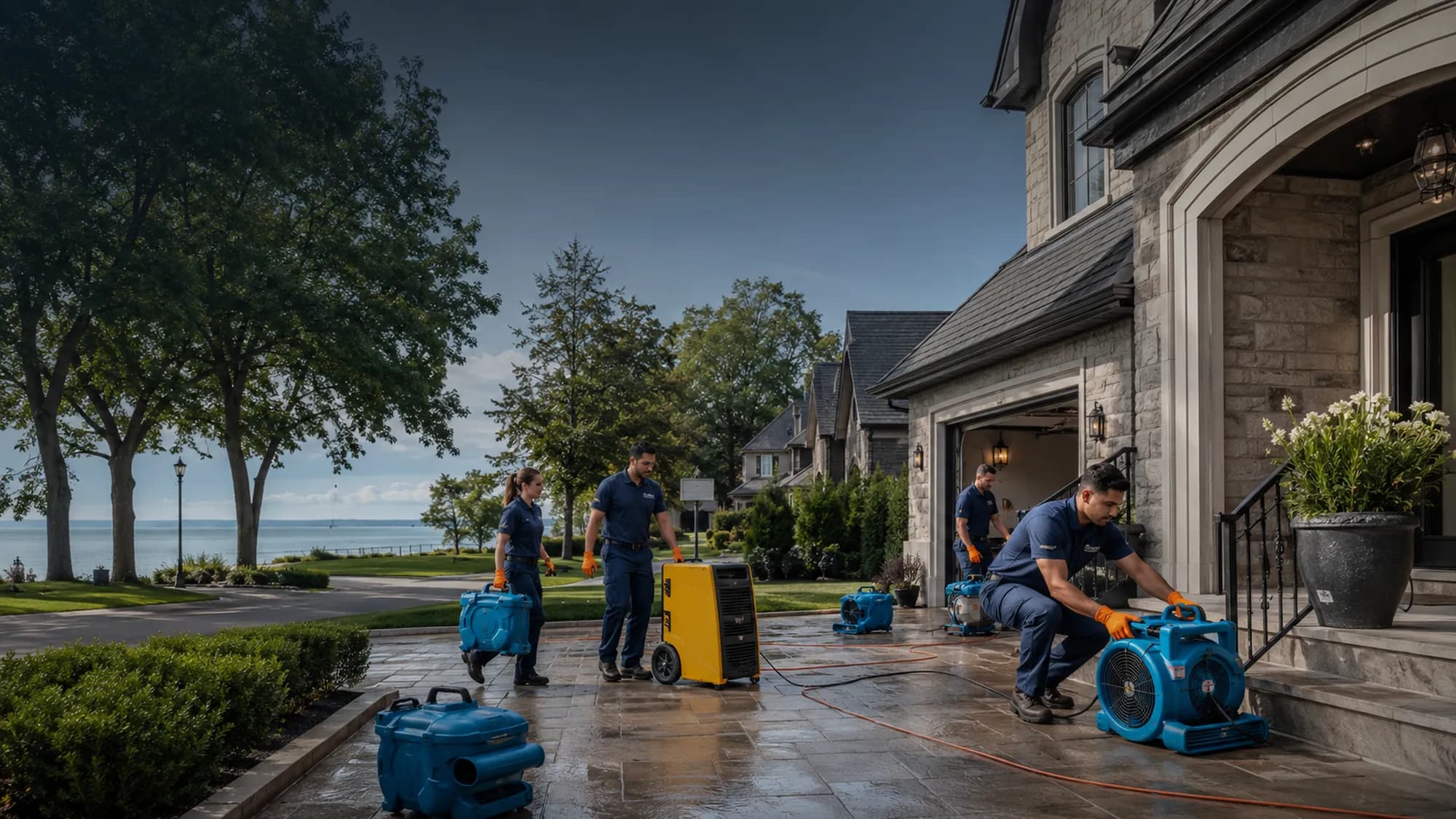 Restoration technicians at an upscale lakeside home in Oakville, Ontario
