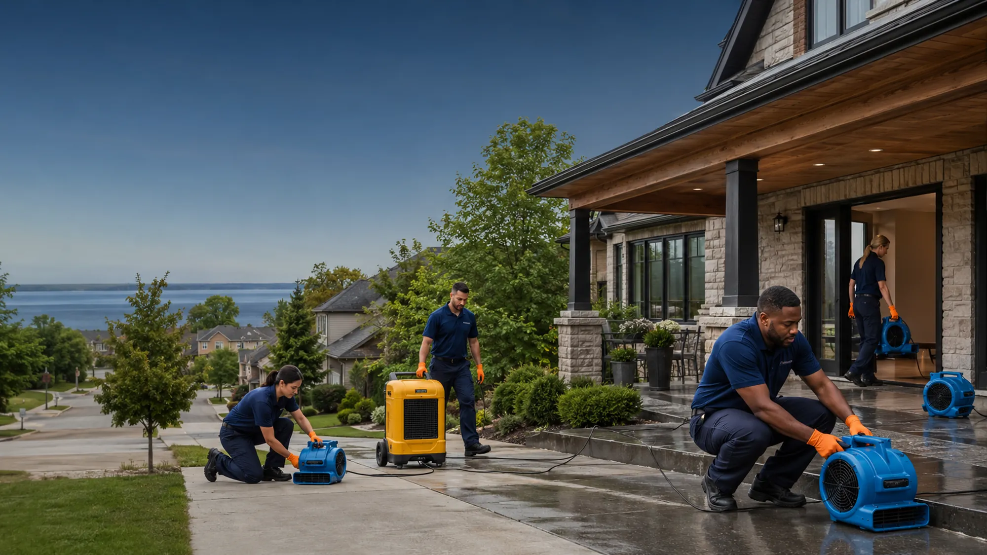 Restoration technicians cleaning up water damage at a Pickering, Ontario home