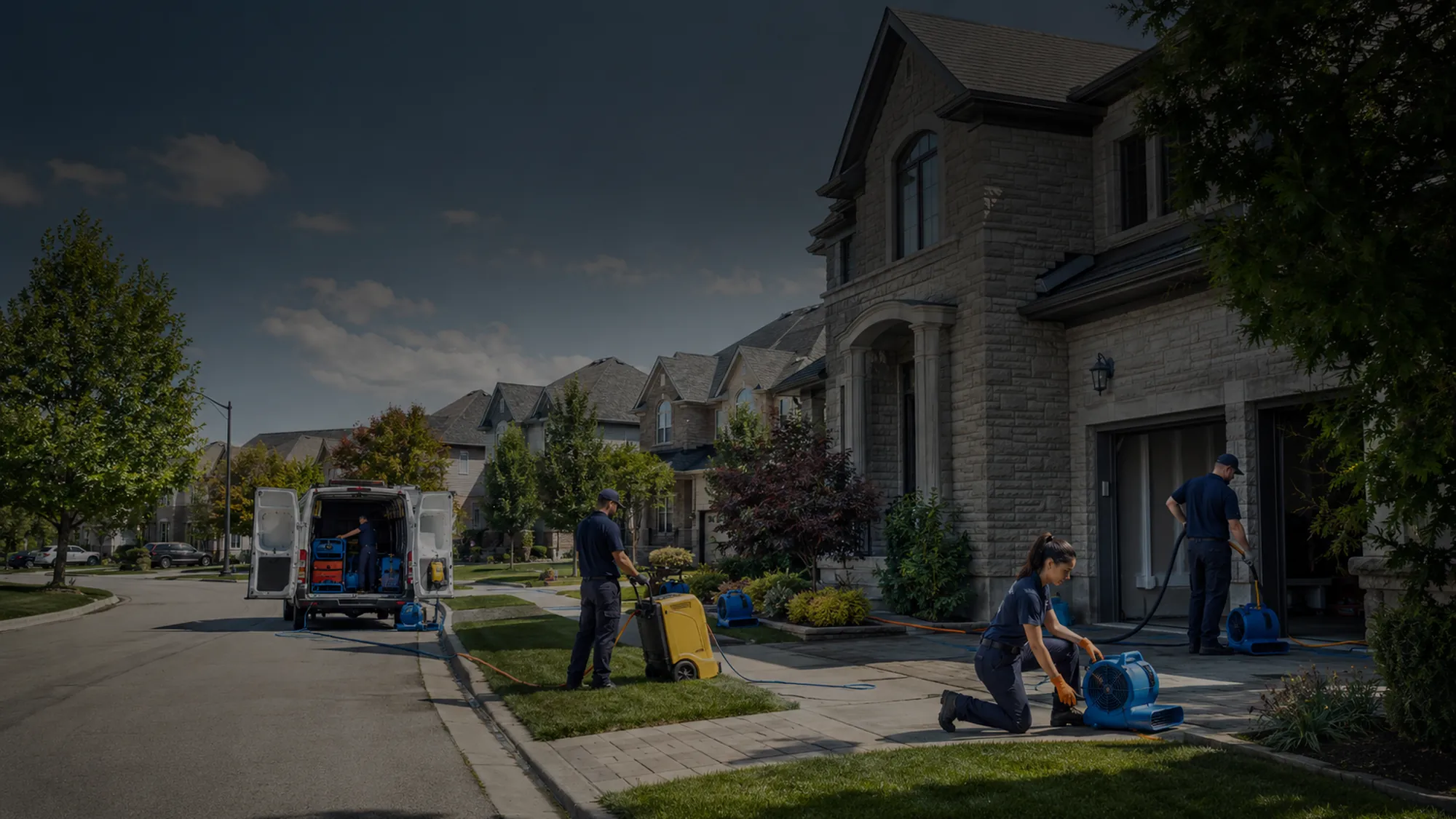 Restoration technicians and equipment at a Richmond Hill, Ontario home