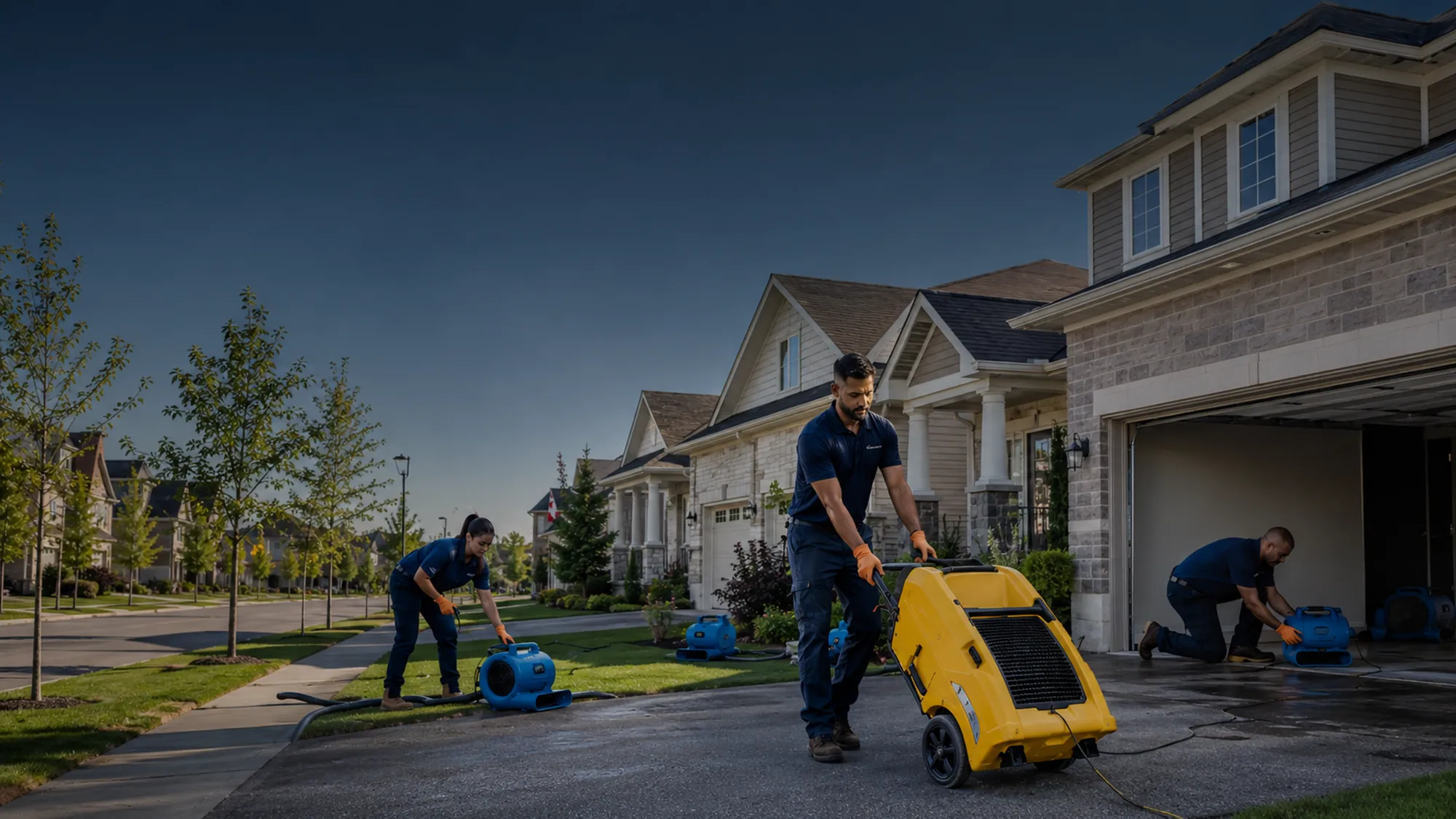 Restoration technicians and equipment at a suburban home in Whitby, Ontario