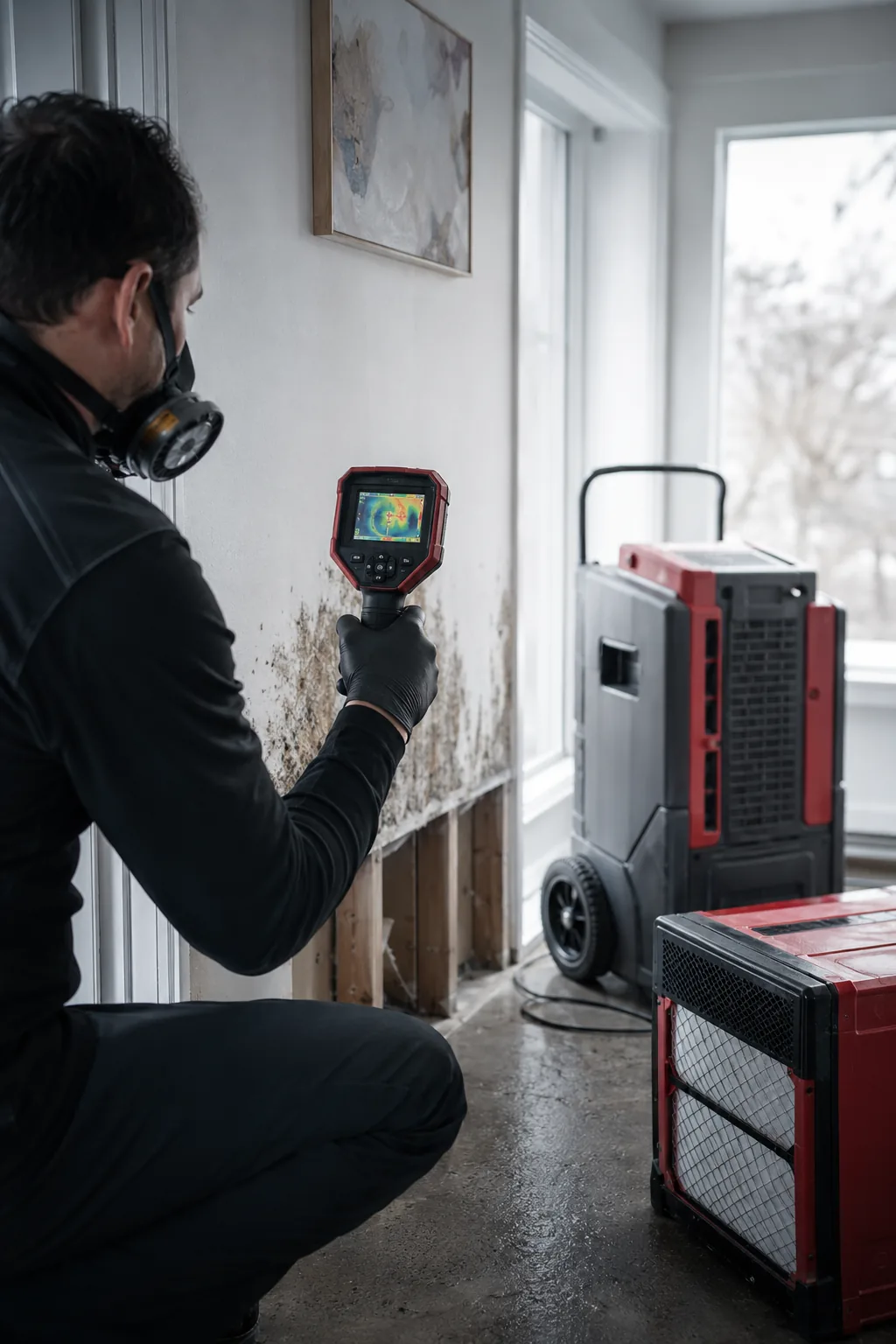 Restoration technician using thermal imaging to detect hidden moisture