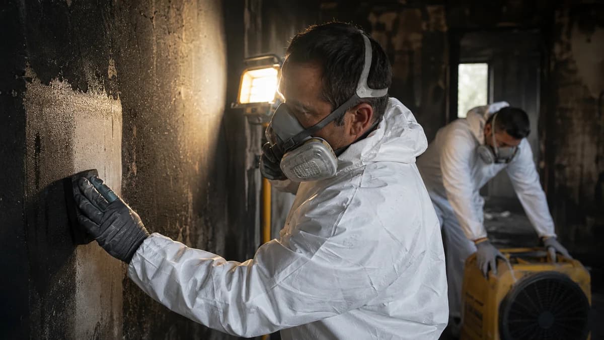 Restoration crew removing soot residue and running a HEPA air scrubber after a house fire