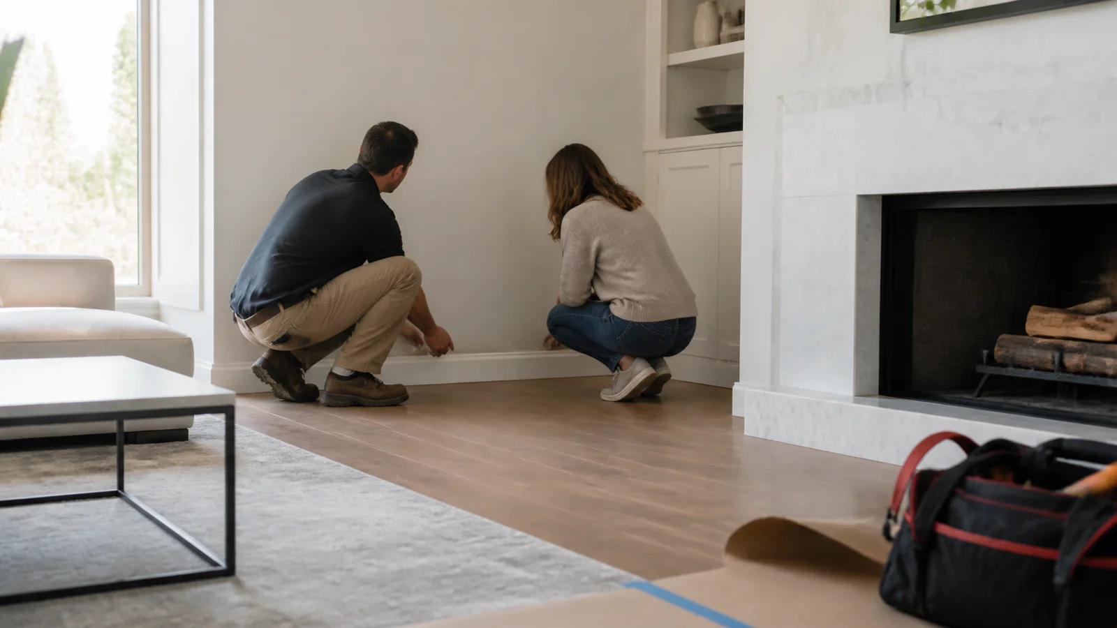 Project lead and homeowner inspecting a finished room during the final reconstruction walkthrough