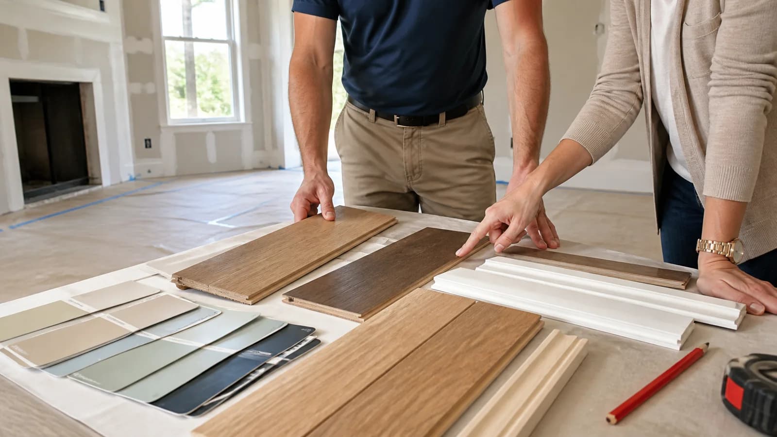 Flooring samples, trim profiles, and paint swatches being compared during restoration reconstruction