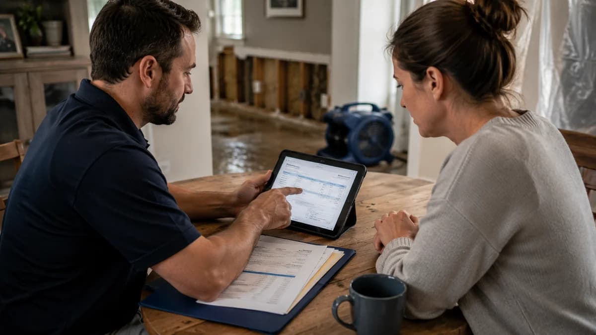 Restoration specialist and homeowner reviewing a water-damage insurance estimate at a kitchen table