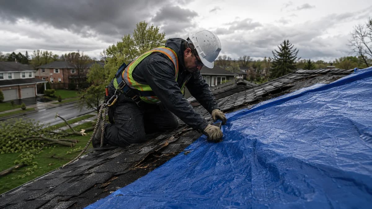 Technician fastening a heavy-duty tarp over a storm-damaged residential roof