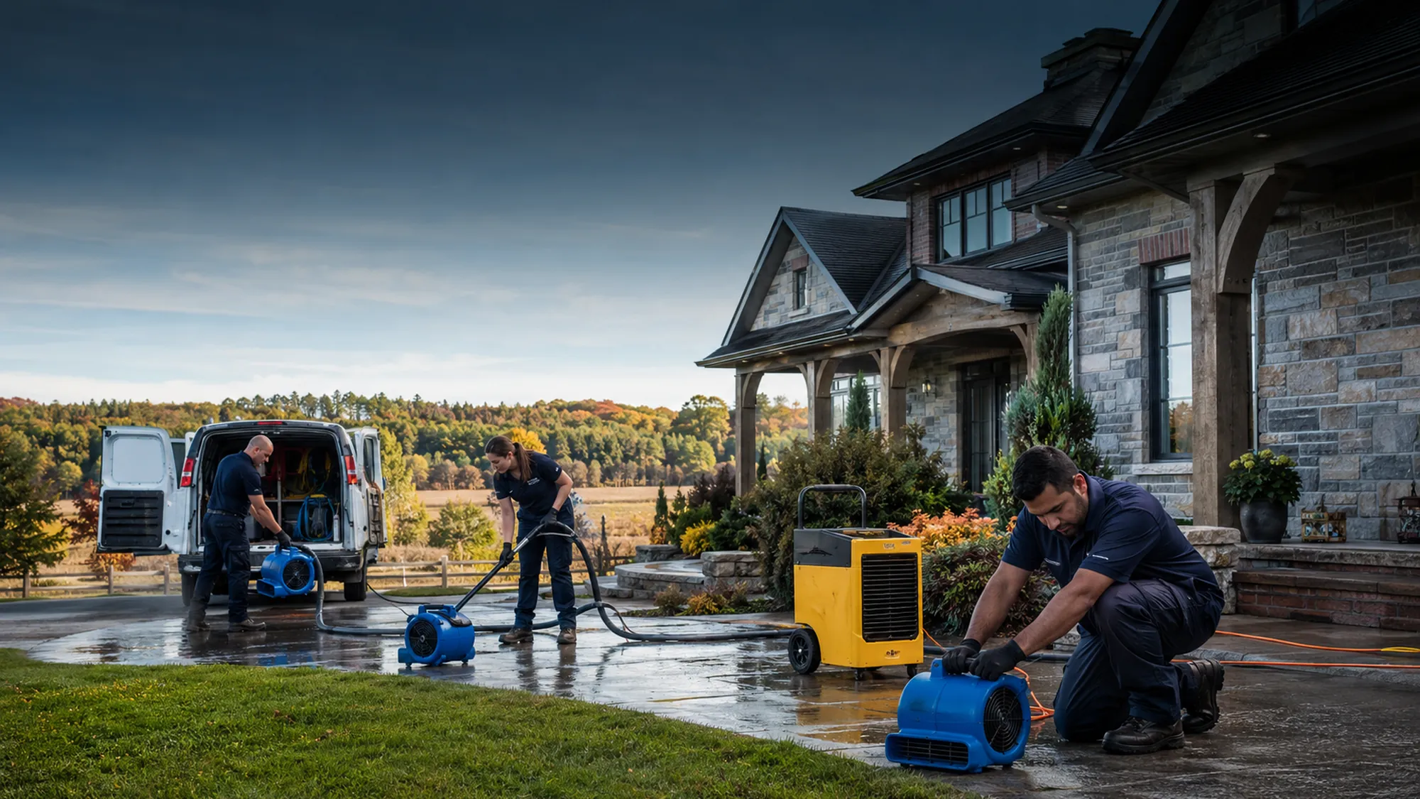 Restoration crew working at a rural property in Caledon, Ontario